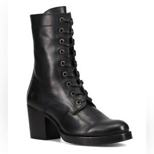 Frye Black Leather JEAN LACE UP BLOCK  Heeled Ankle Booties US 9B. $348
